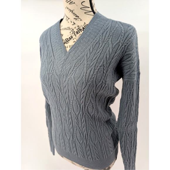 Etcetera Cable Knit Sweater Jumper Womens XS Blue Wool-Blend V-Neck - Picture 3 of 14